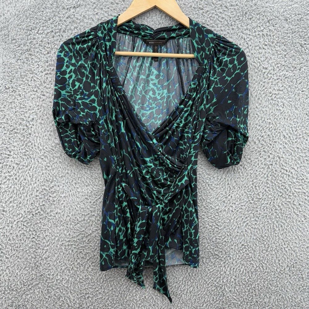 BCBG Max‎ Azria Animal Print Crossover Open Ruched Short Sleeve Kimono Tunic XXS